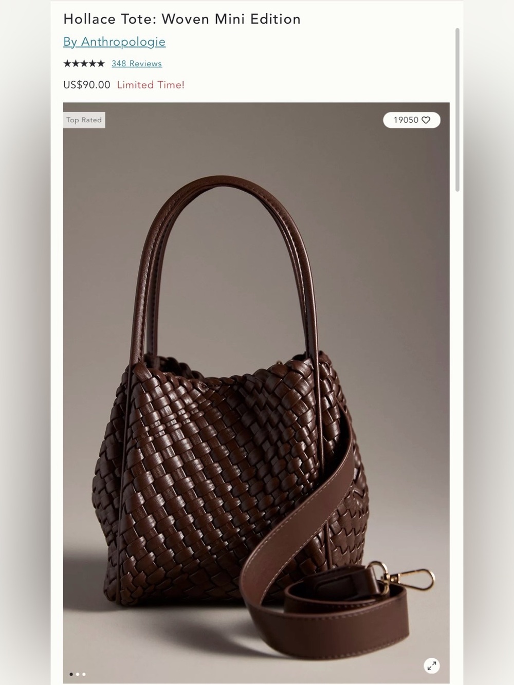 NWT - Anthropologie Hollace Tote: Woven Mini Edition Dark Chocolate (US$90)